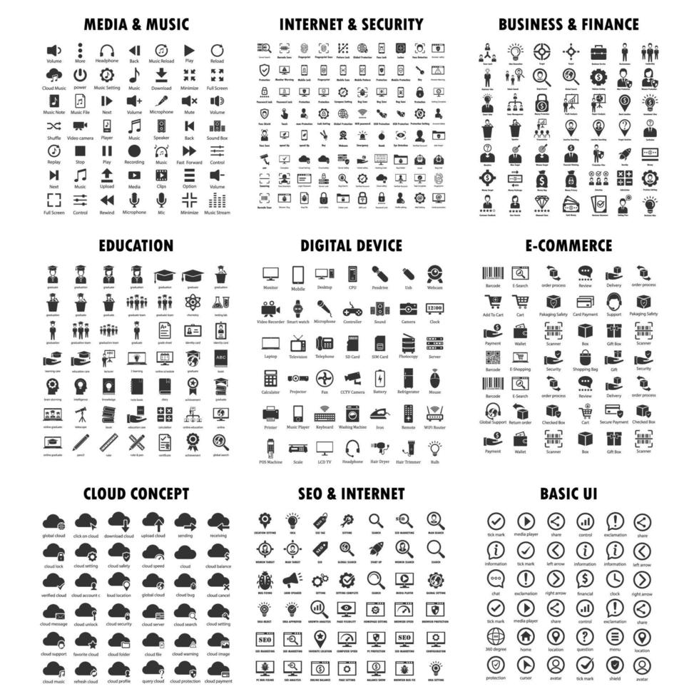 una raccolta di set di icone affari e finanza, internet e musica vettore