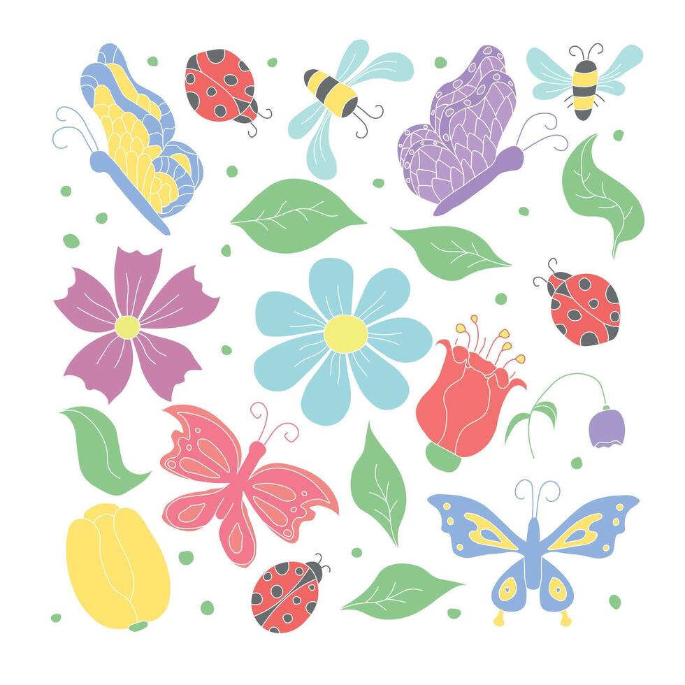 primavera floreale illustrazione con fiori, farfalle, api e coccinelle. scarabocchio fiori sfondo vettore