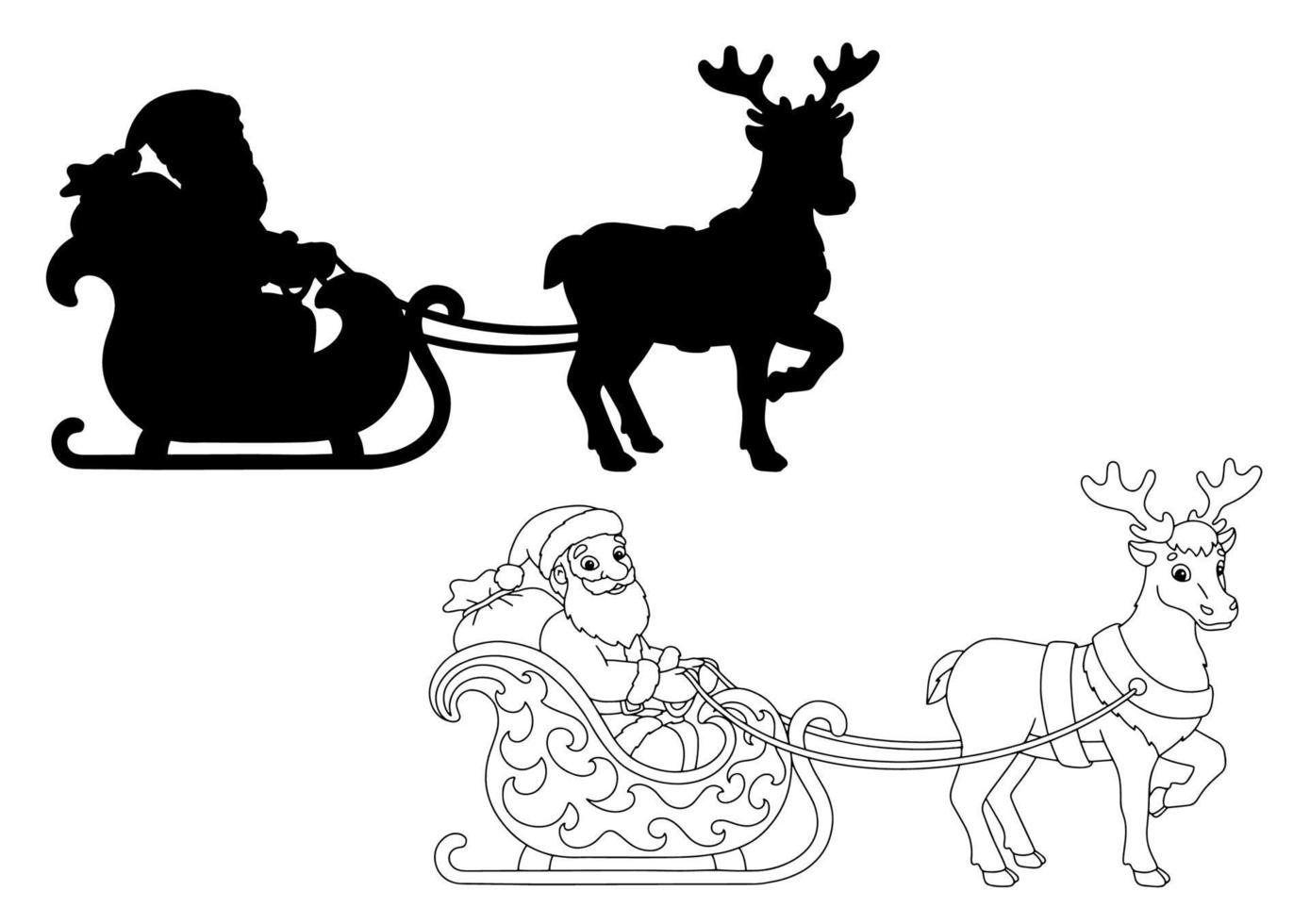 Babbo Natale porta i regali di Natale su una slitta trainata da renne. sagoma nera. elemento di design. illustrazione vettoriale isolato su sfondo bianco. modello per libri, adesivi, poster, cartoline, vestiti.