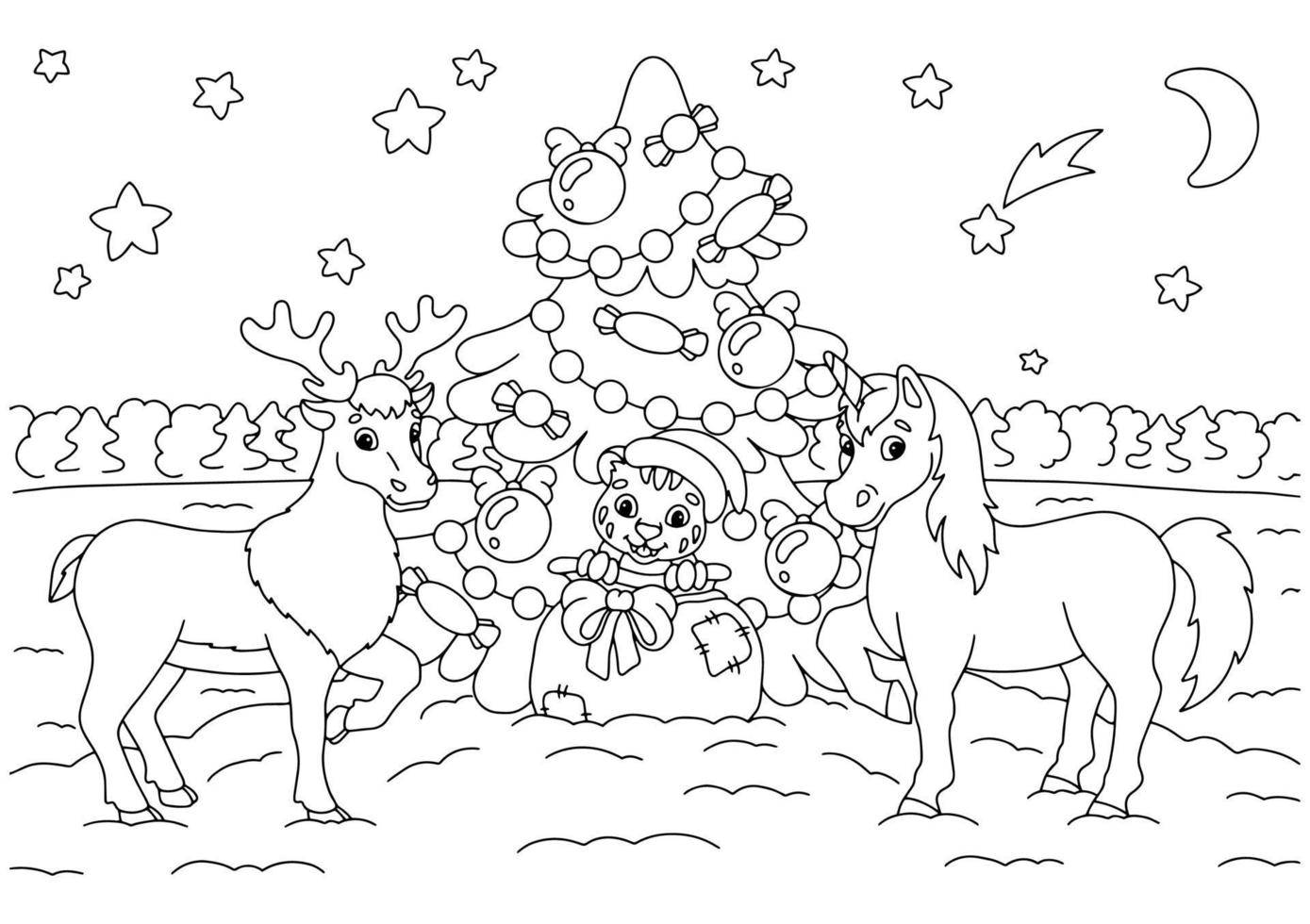 cervo, cucciolo di tigre e unicorno festeggiano il nuovo anno. pagina del libro da colorare per bambini. personaggio in stile cartone animato. illustrazione vettoriale isolato su sfondo bianco.