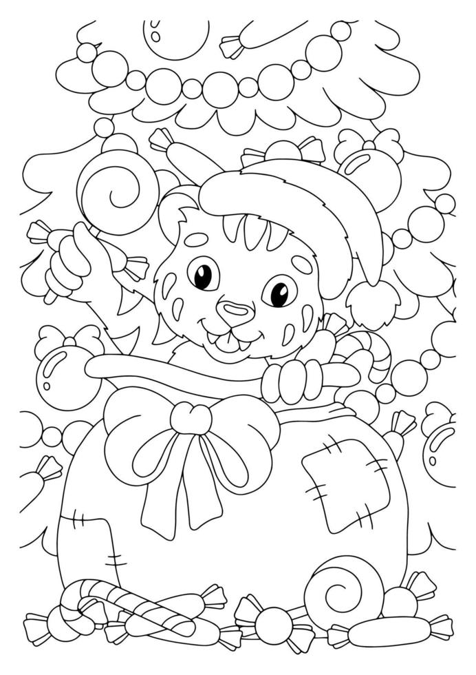 la tigre è il simbolo dell'anno in una borsa con regali e dolci. pagina del libro da colorare per bambini. personaggio in stile cartone animato. illustrazione vettoriale isolato su sfondo bianco.
