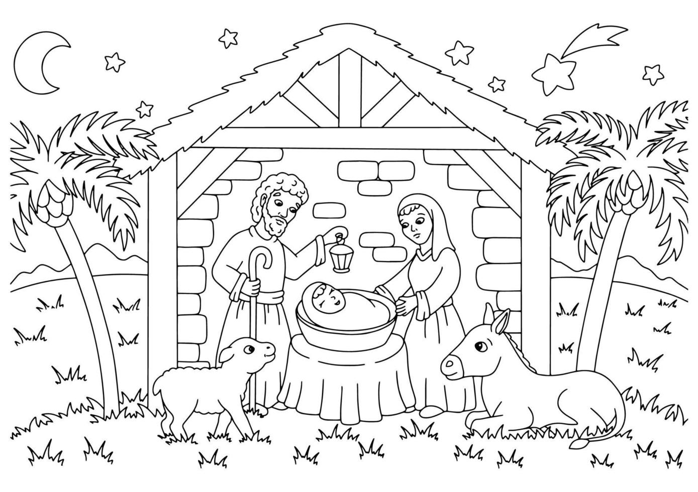 scena della Natività. pagina del libro da colorare per bambini. personaggio in stile cartone animato. illustrazione vettoriale isolato su sfondo bianco.