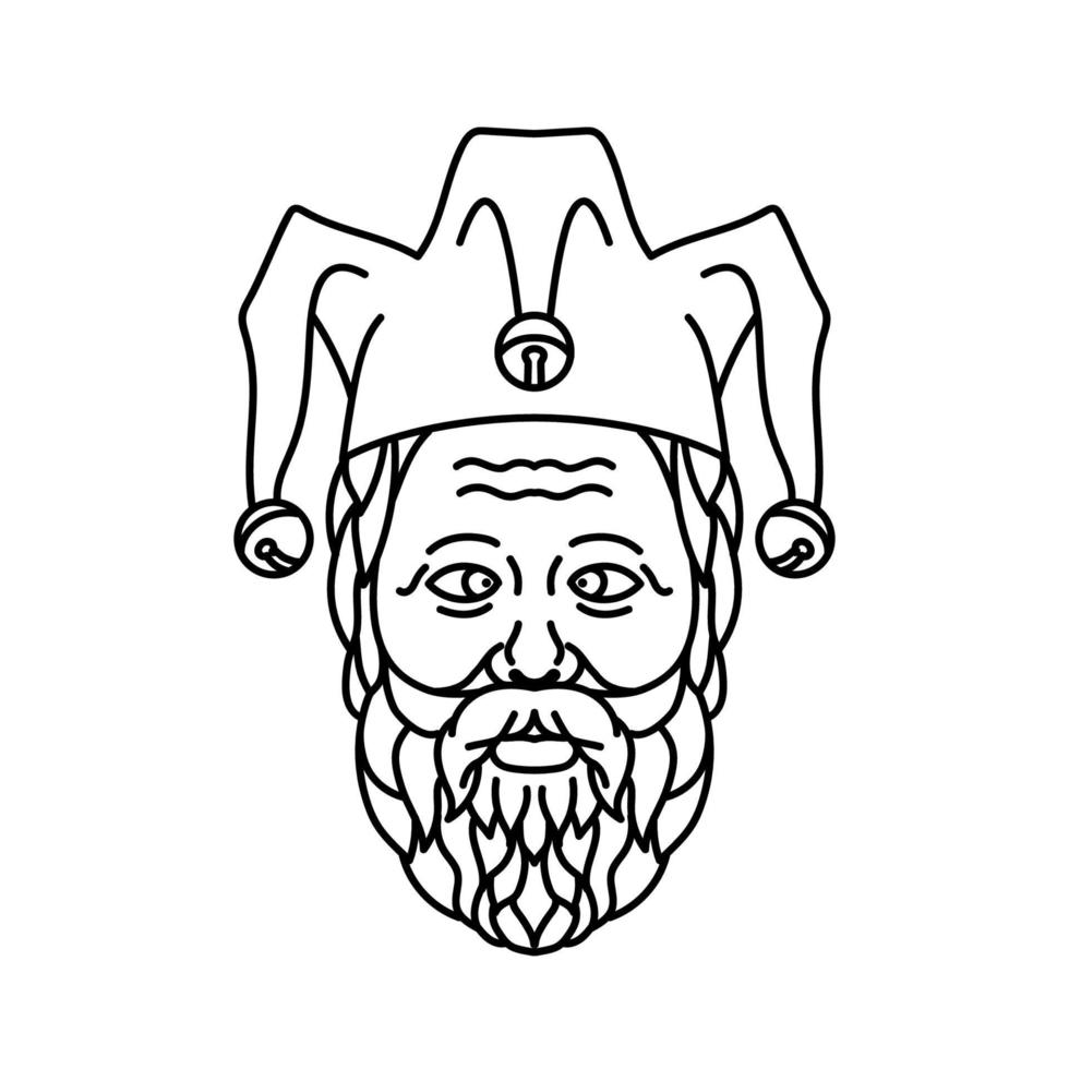 testa di vecchio buffone di corte con gli occhi incrociati o pazzo con la barba mono linea illustrazione in bianco e nero vettore