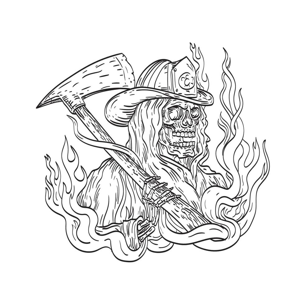 torvo mietitore che indossa un cappello da pompiere pompiere con elmetto e ascia da fuoco fumo e fuoco tatuaggio disegno in bianco e nero vettore