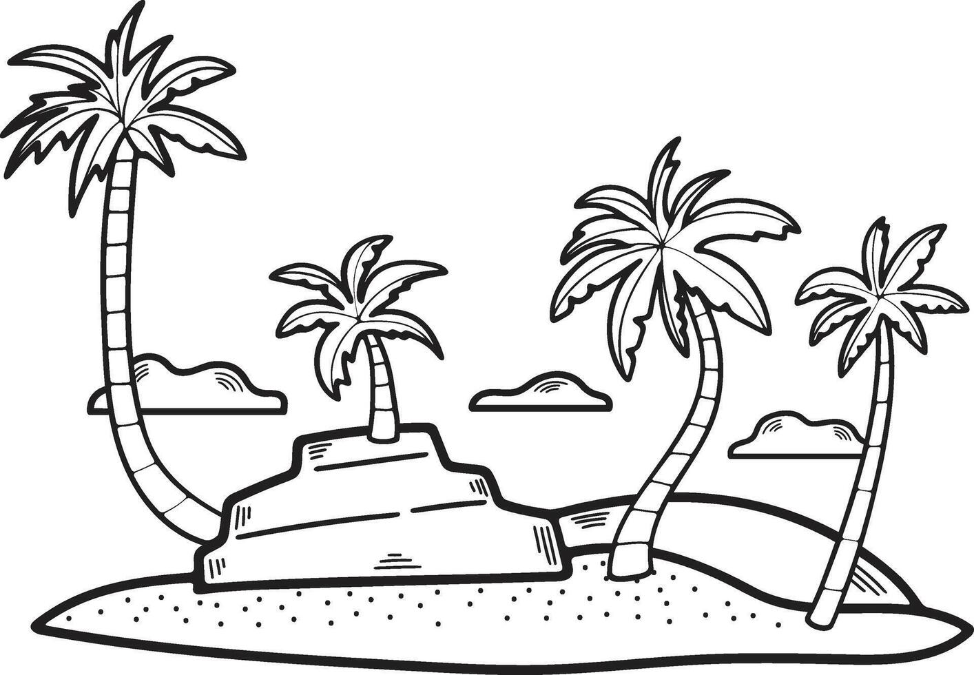 mano disegnato Noce di cocco albero nel il mezzo di il mare nel piatto stile vettore