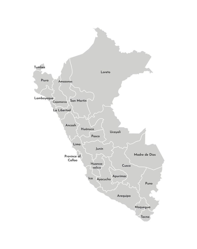 vettore isolato illustrazione di semplificato amministrativo carta geografica di Perù. frontiere e nomi di il dipartimenti, regioni. grigio sagome. bianca schema