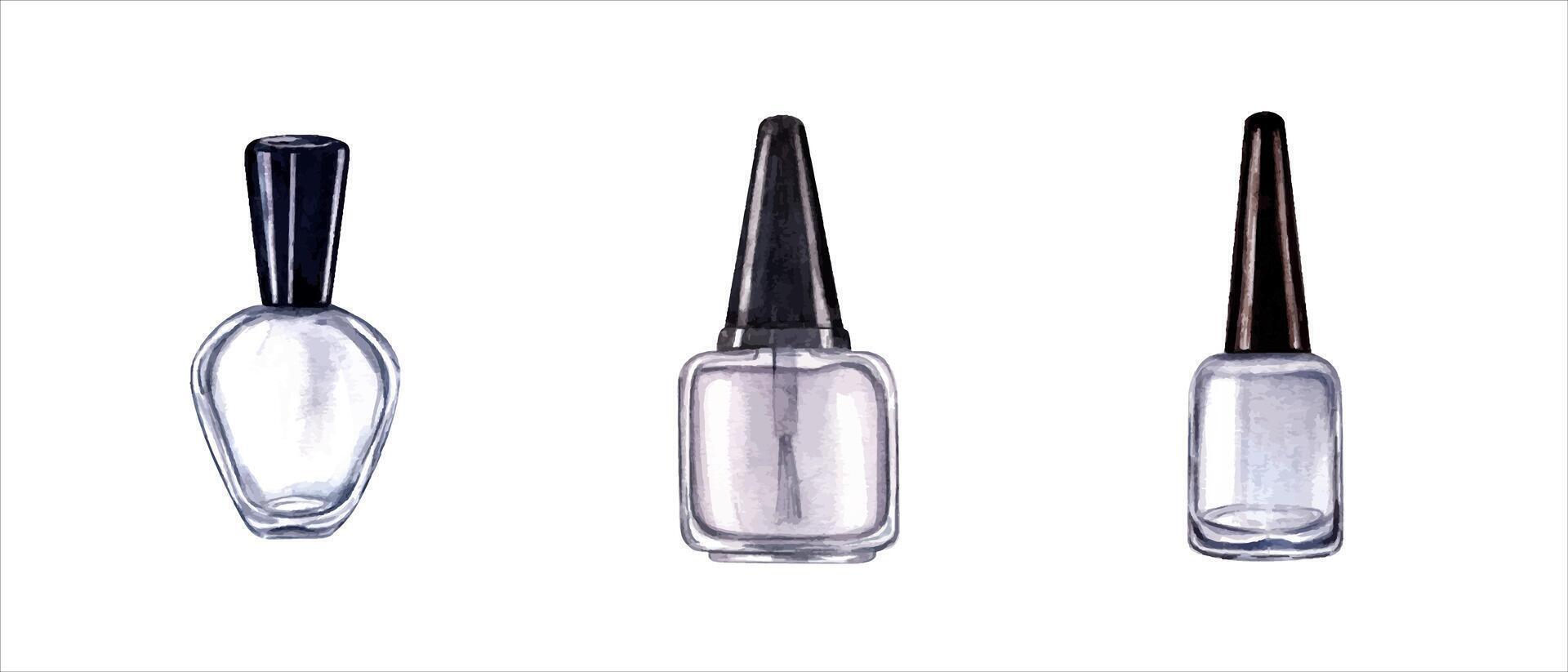 vuoto bicchiere bottiglie per chiodo polacco. come modello per manicure design. cosmetico bellezza vernice pacchetto. acquerello realistico lucido bicchiere con nero berretto vettore