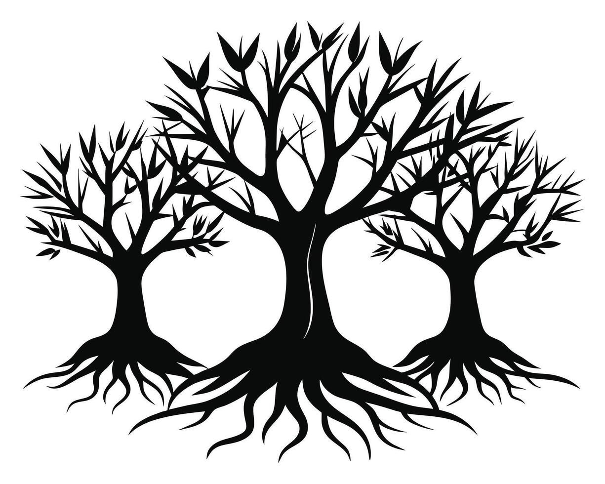 nero albero con radici silhouette azione illustrazione vettore