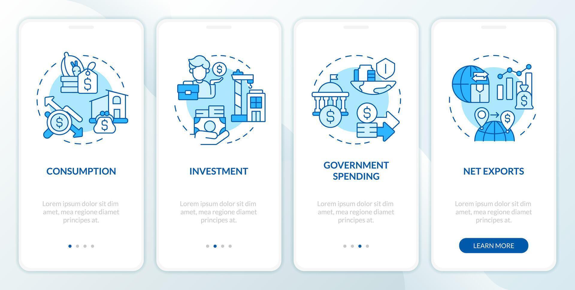 socioeconomico finanziario dichiarazioni blu onboarding mobile App schermo. Procedura dettagliata 4 passaggi modificabile grafico Istruzioni con lineare concetti. ui, ux, gui modello vettore