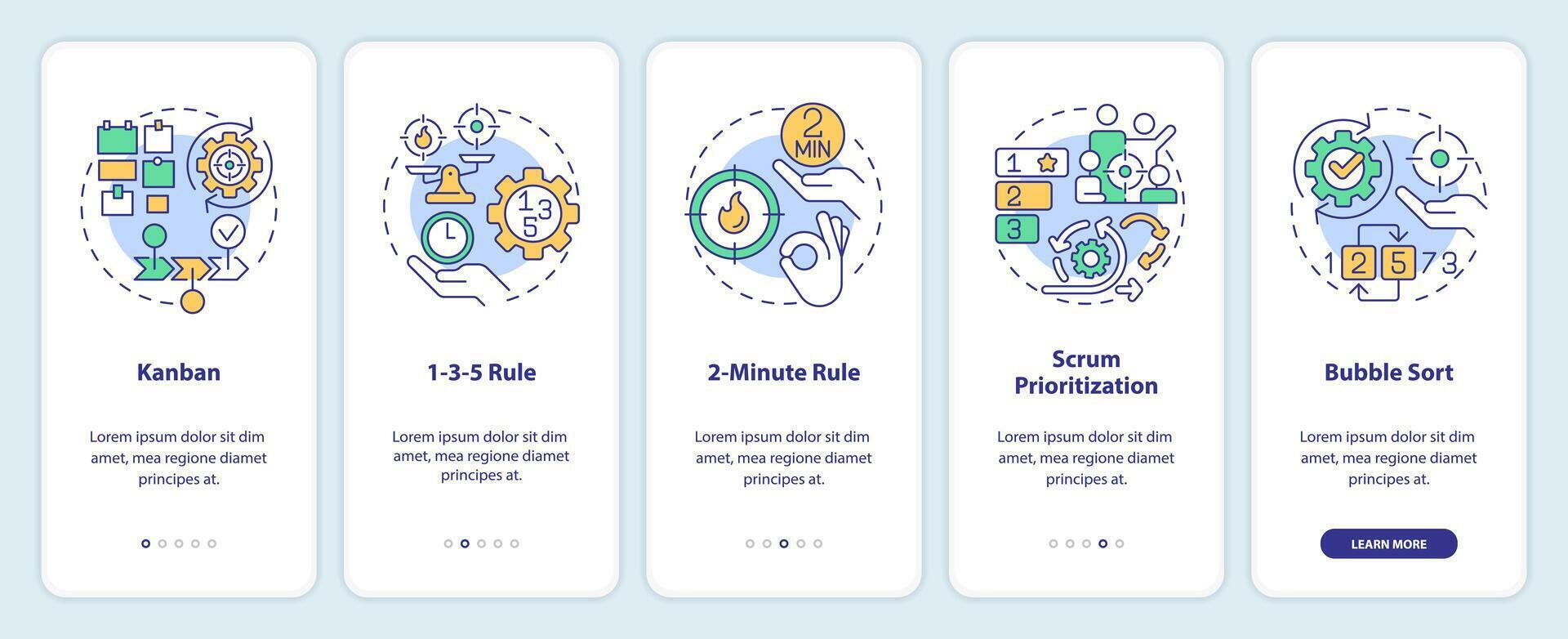 prioritizzazione utensili onboarding mobile App schermo. tempo gestione. Procedura dettagliata 5 passaggi modificabile grafico Istruzioni con lineare concetti. ui, ux, gui modello vettore