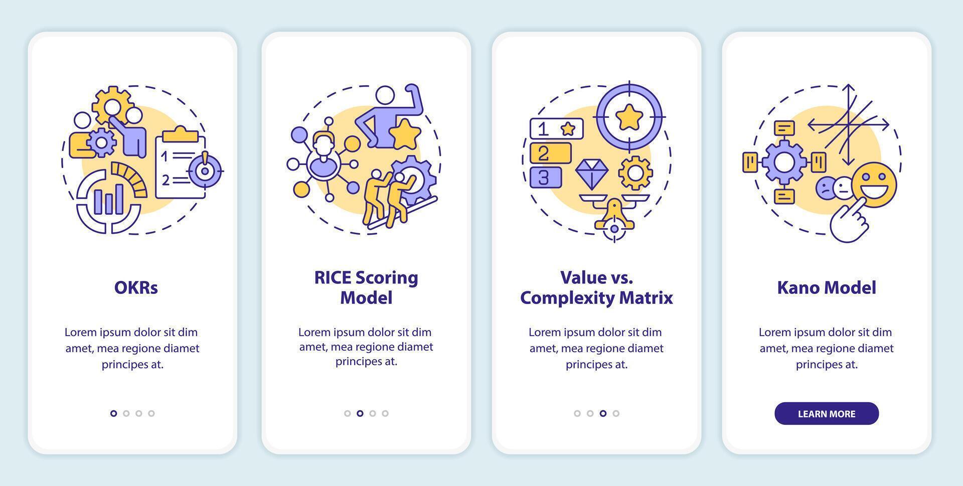 prioritizzazione quadri onboarding mobile App schermo. Procedura dettagliata 4 passaggi modificabile grafico Istruzioni con lineare concetti. ui, ux, gui modello vettore