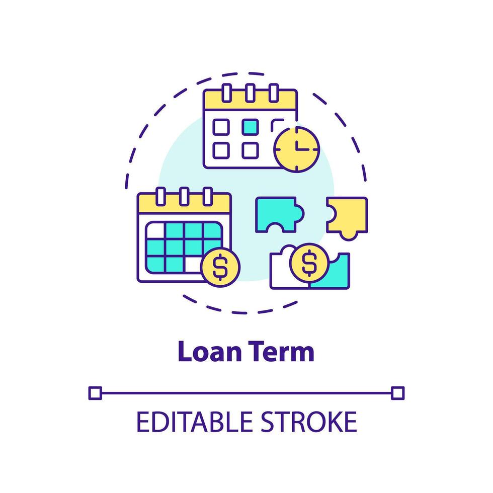 prestito termine Multi colore concetto icona. mutuatari rimborso programma e totale quantità di interesse. il giro forma linea illustrazione. astratto idea. grafico design. facile per uso nel marketing vettore