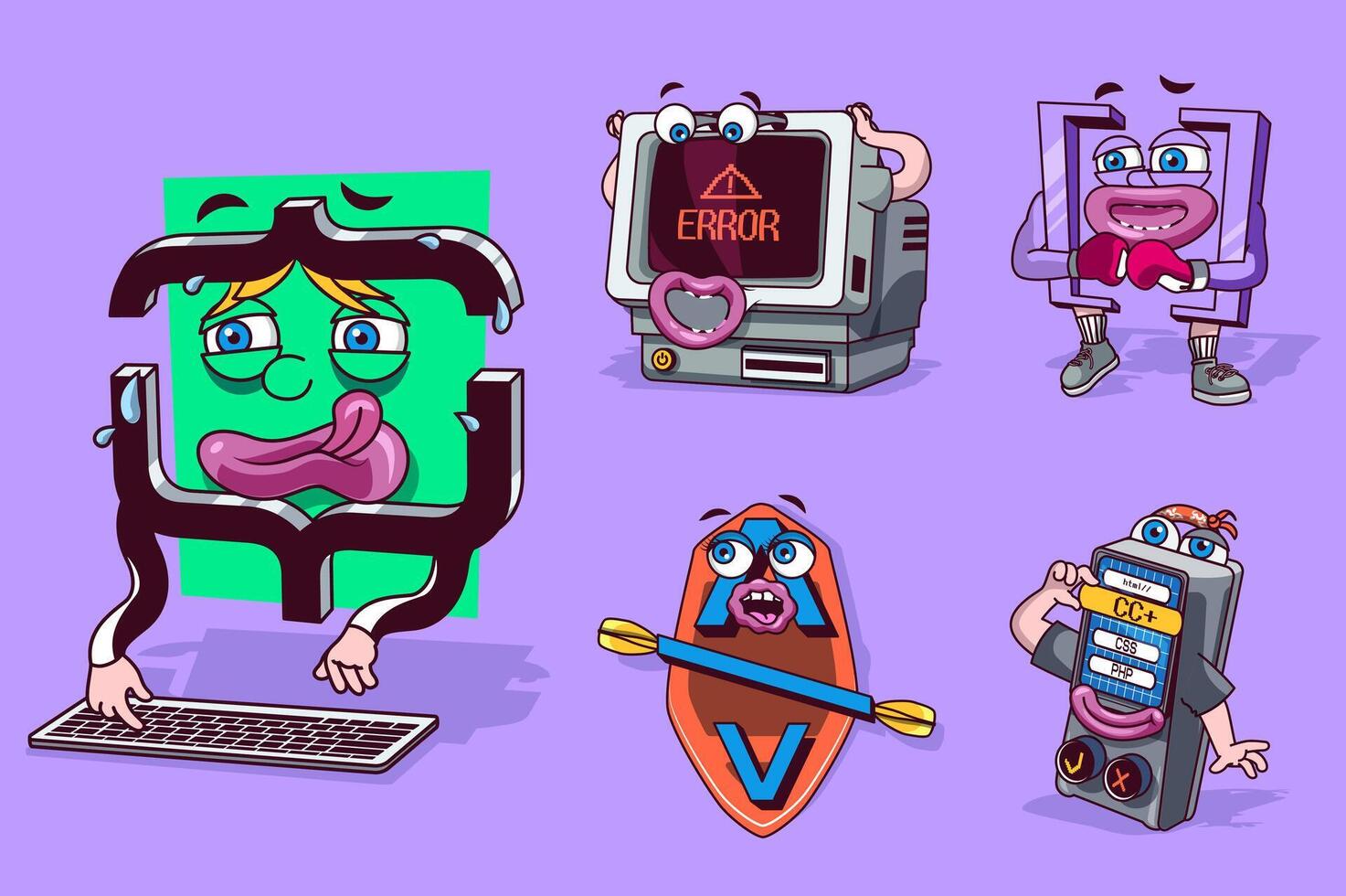 programmazione concetto con 3d carino cartone animato personaggi impostare. divertente avatar di computer con errore testo e codifica processi simboli di Software sviluppo. vettore illustrazione con comico mascotte design