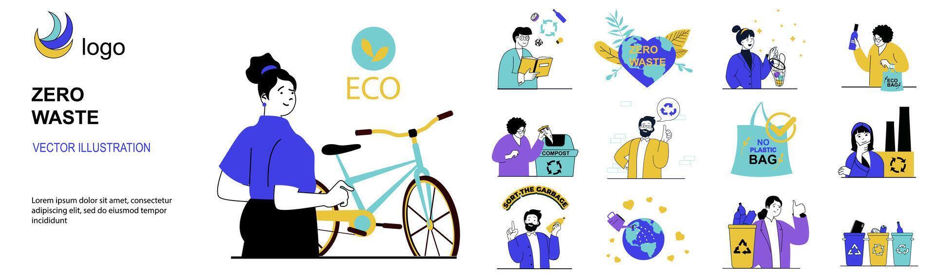 zero rifiuto concetto con personaggio situazioni collezione. fascio di scene persone raccolta differenziata sciupare, utilizzando eco borse e bicicletta, ordinamento spazzatura per riutilizzare. vettore illustrazioni nel piatto ragnatela design