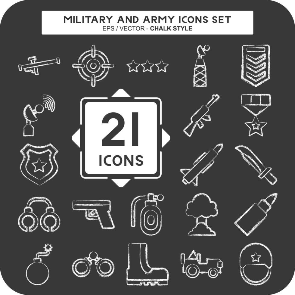 icona impostato militare e esercito. relazionato per guerra simbolo. gesso stile. semplice design illustrazione vettore