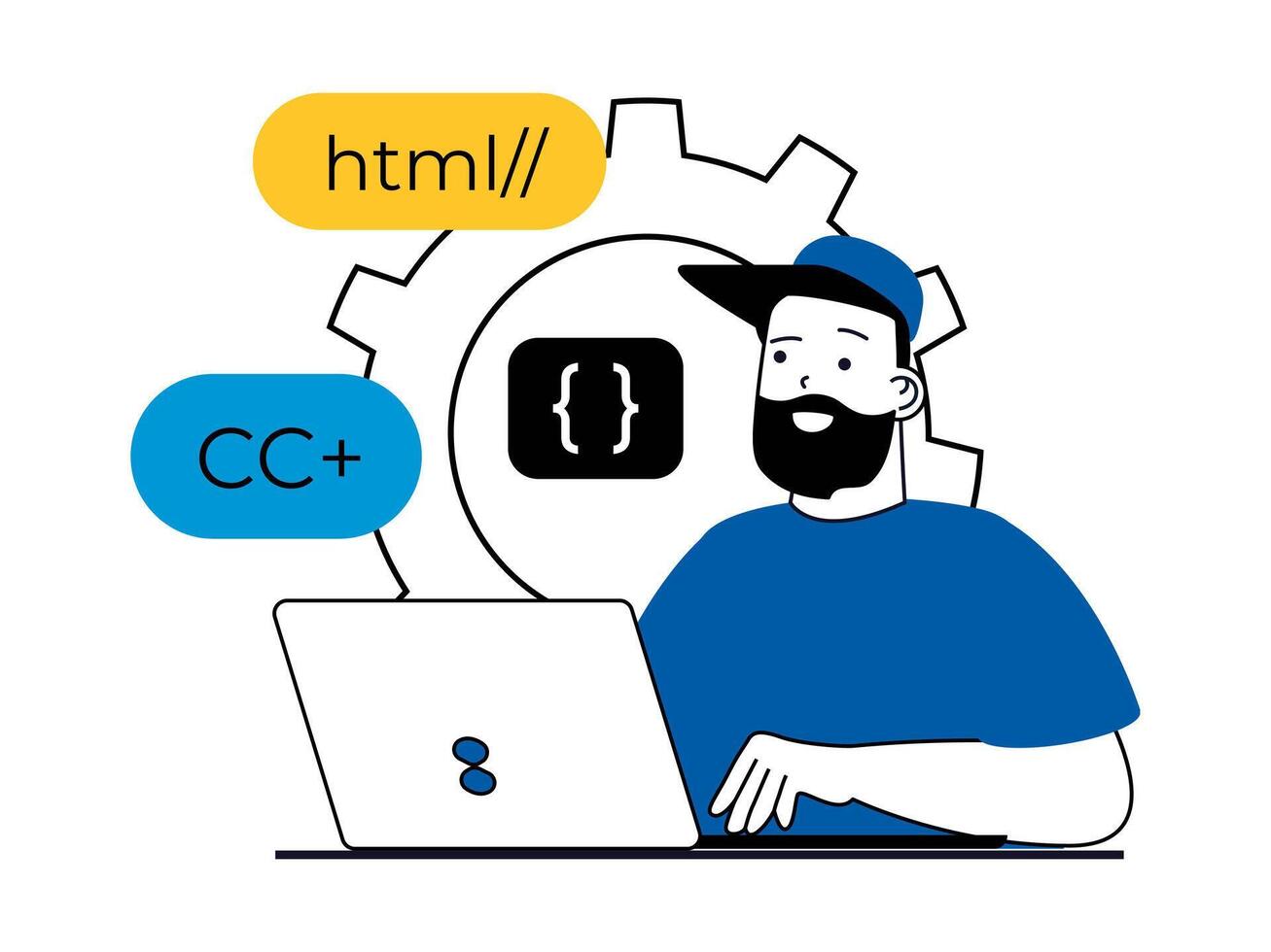 ragnatela sviluppo concetto con personaggio situazione. uomo Lavorando con html e programma le lingue a computer portatile, codifica e crea luogo interfaccia. vettore illustrazione con persone scena nel piatto design per ragnatela