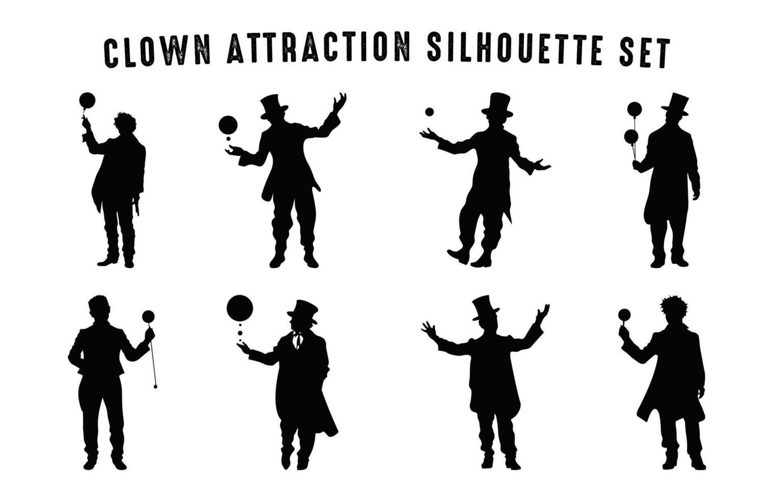 clown attrazione silhouette vettore fascio, circo uomo nero clipart impostato