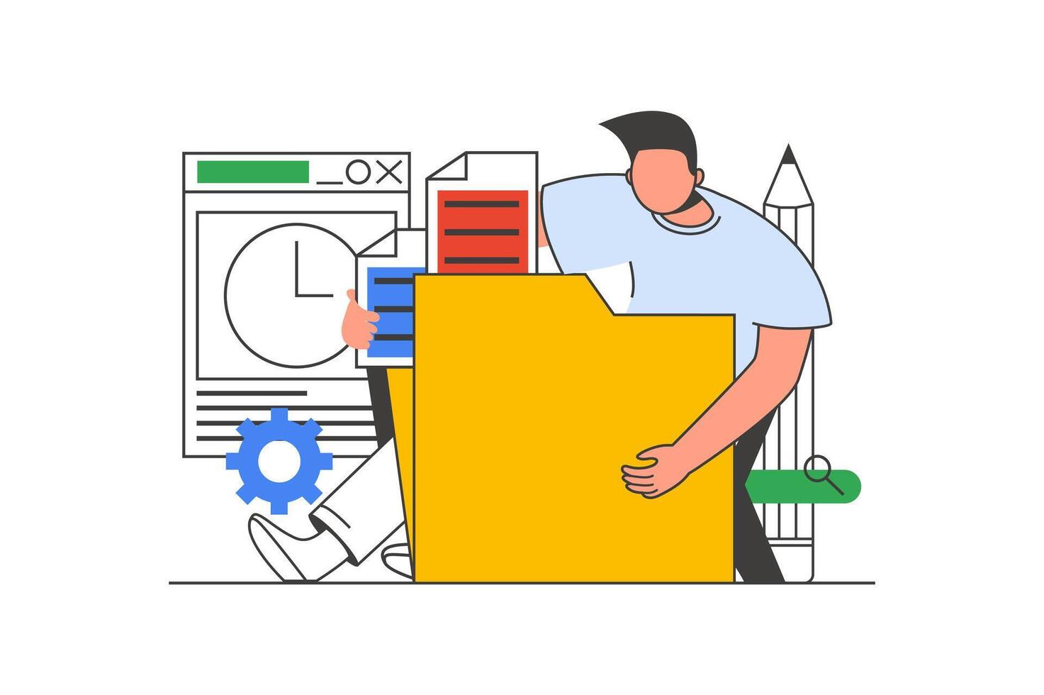 soddisfare manager schema ragnatela concetto con personaggio scena. uomo la creazione di contenuto, fabbricazione nuovo messaggi nel blog. persone situazione nel piatto linea design. vettore illustrazione per sociale media marketing Materiale.