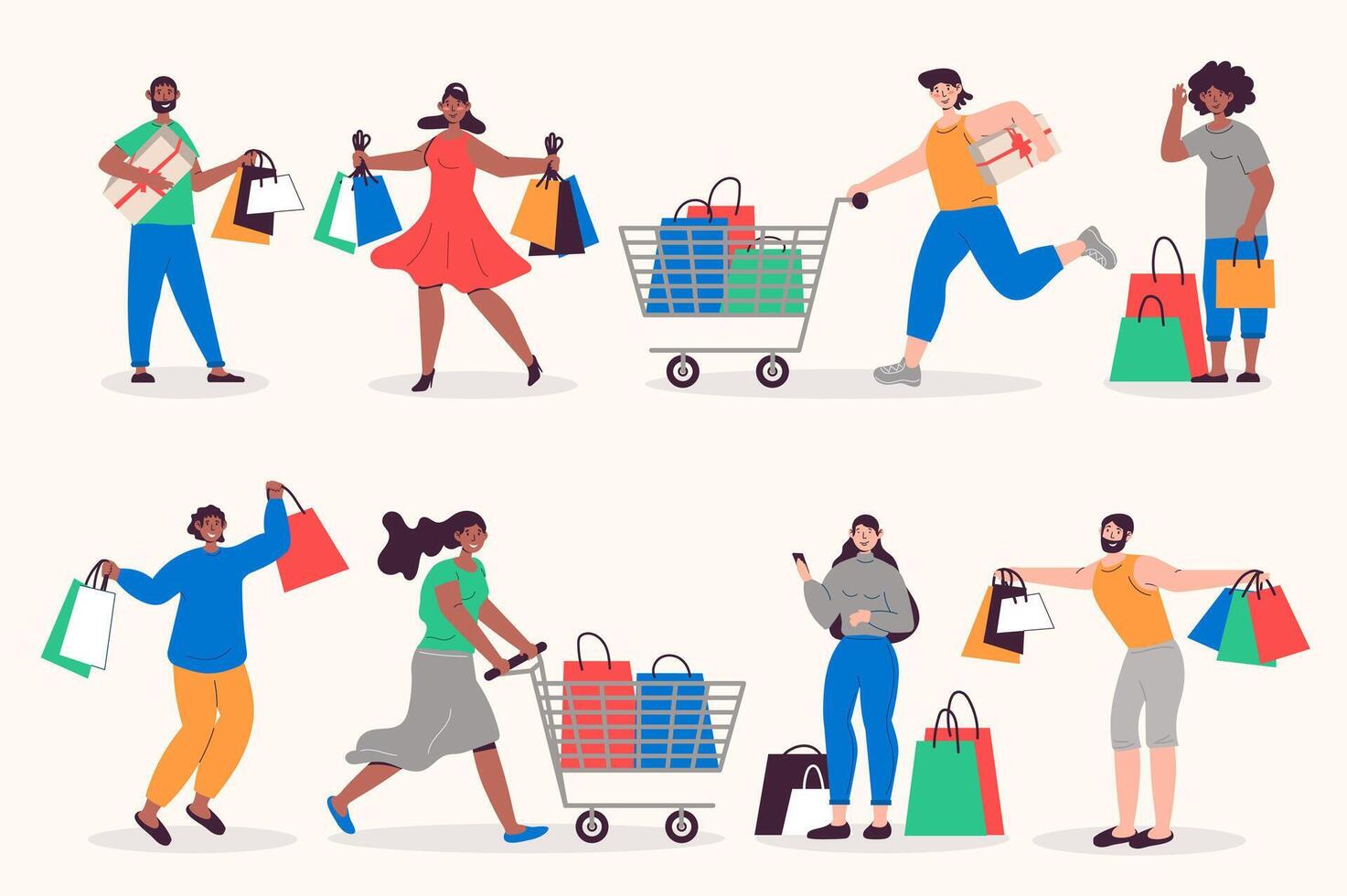 persone shopping impostato nel piatto design. uomini e donne con borse e carrelli, acquirenti fare acquisti a supermercati, negozi o centro commerciale. fascio di diverso personaggi. vettore illustrazione isolato persone per ragnatela