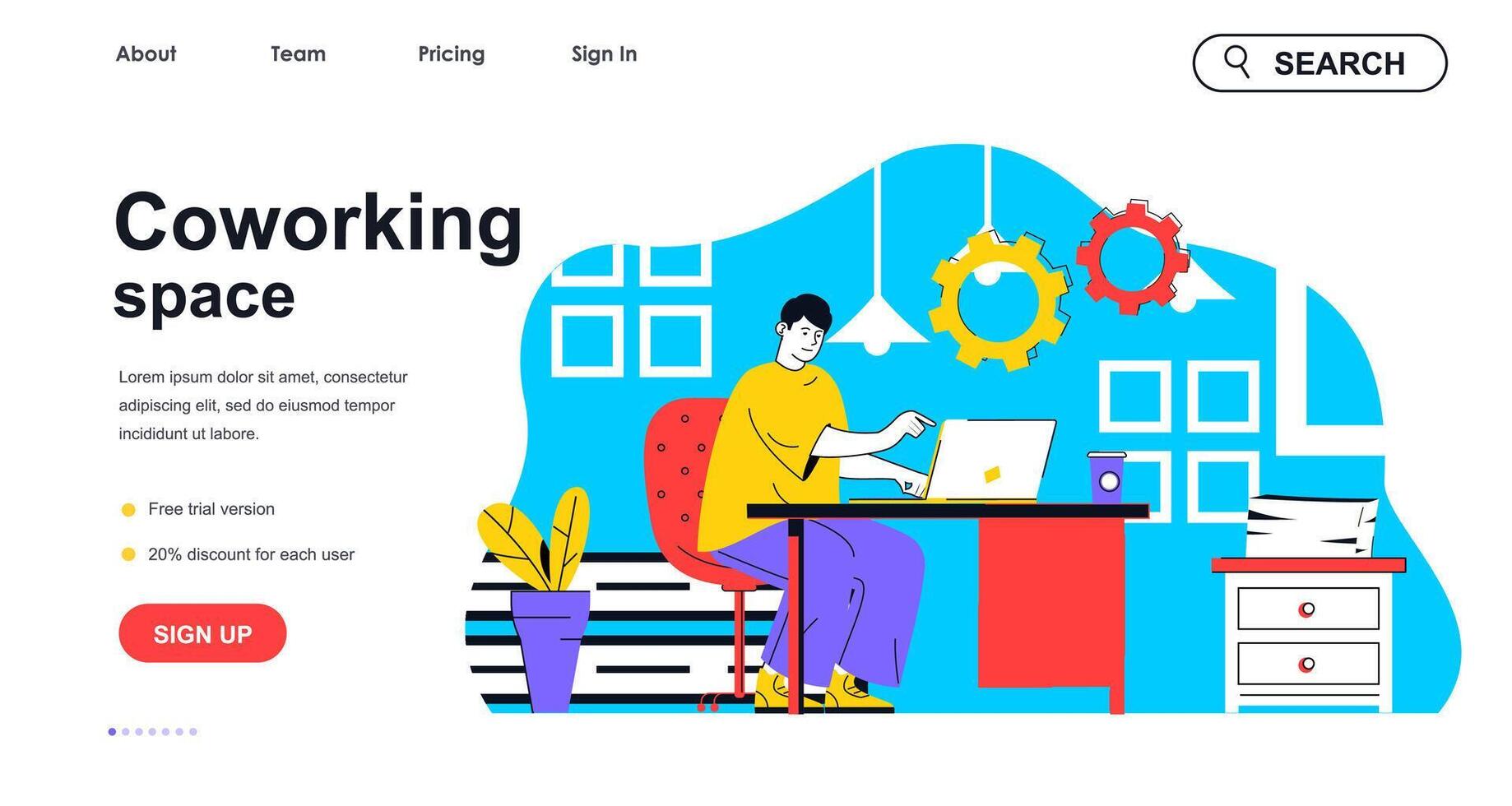 coworking spazio concetto per atterraggio pagina modello. uomo Lavorando su il computer portatile nel confortevole Aperto ufficio. collaboratore posto di lavoro persone scena. vettore illustrazione con piatto personaggio design per ragnatela bandiera