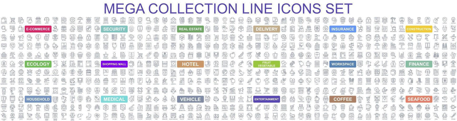 mega impostato di vettore semplice linea icone. contiene come icone come commercio elettronico, acquisti, vero proprietà, assicurazione, sicurezza, finanza, consegna, ecologia e di più. fascio icona. schema pittogramma pacchetto.