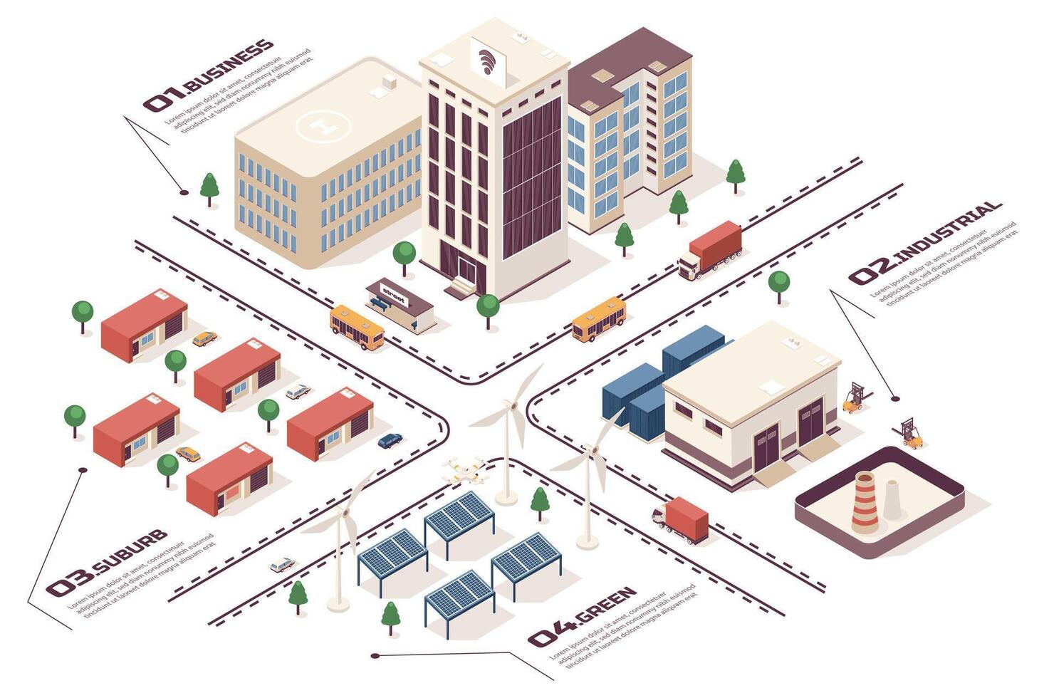 inteligente città concetto 3d isometrico ragnatela Infografica flusso di lavoro processi. infrastruttura carta geografica con attività commerciale edifici, industriale la zona, verde energia, sobborgo. vettore illustrazione nel isometria grafico design