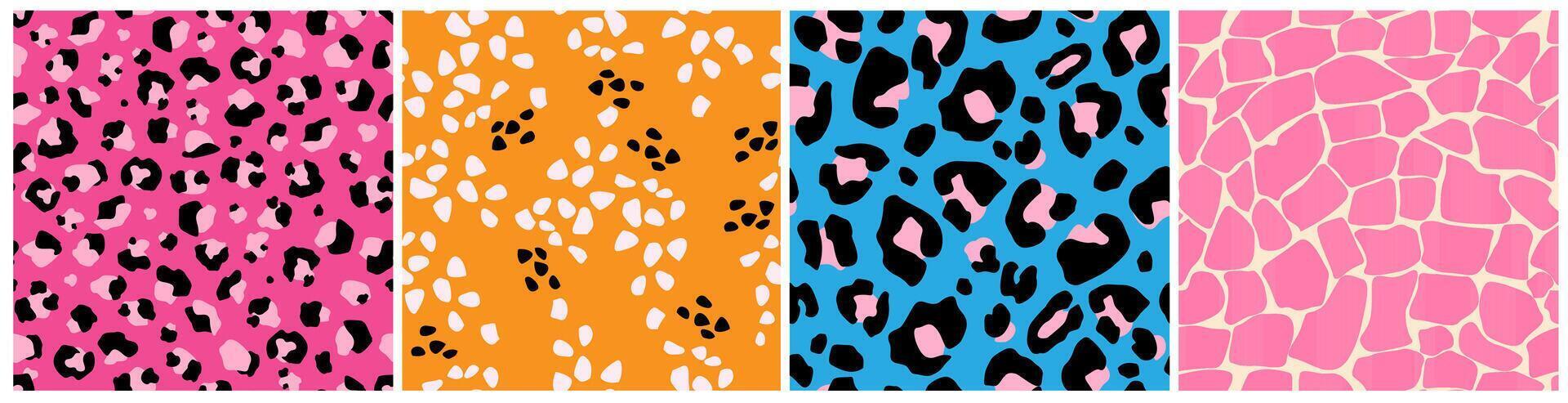 impostato di senza soluzione di continuità modelli con multicolore animale ornamenti. astratto safari Stampa di leopardo, giraffa. vettore grafica.