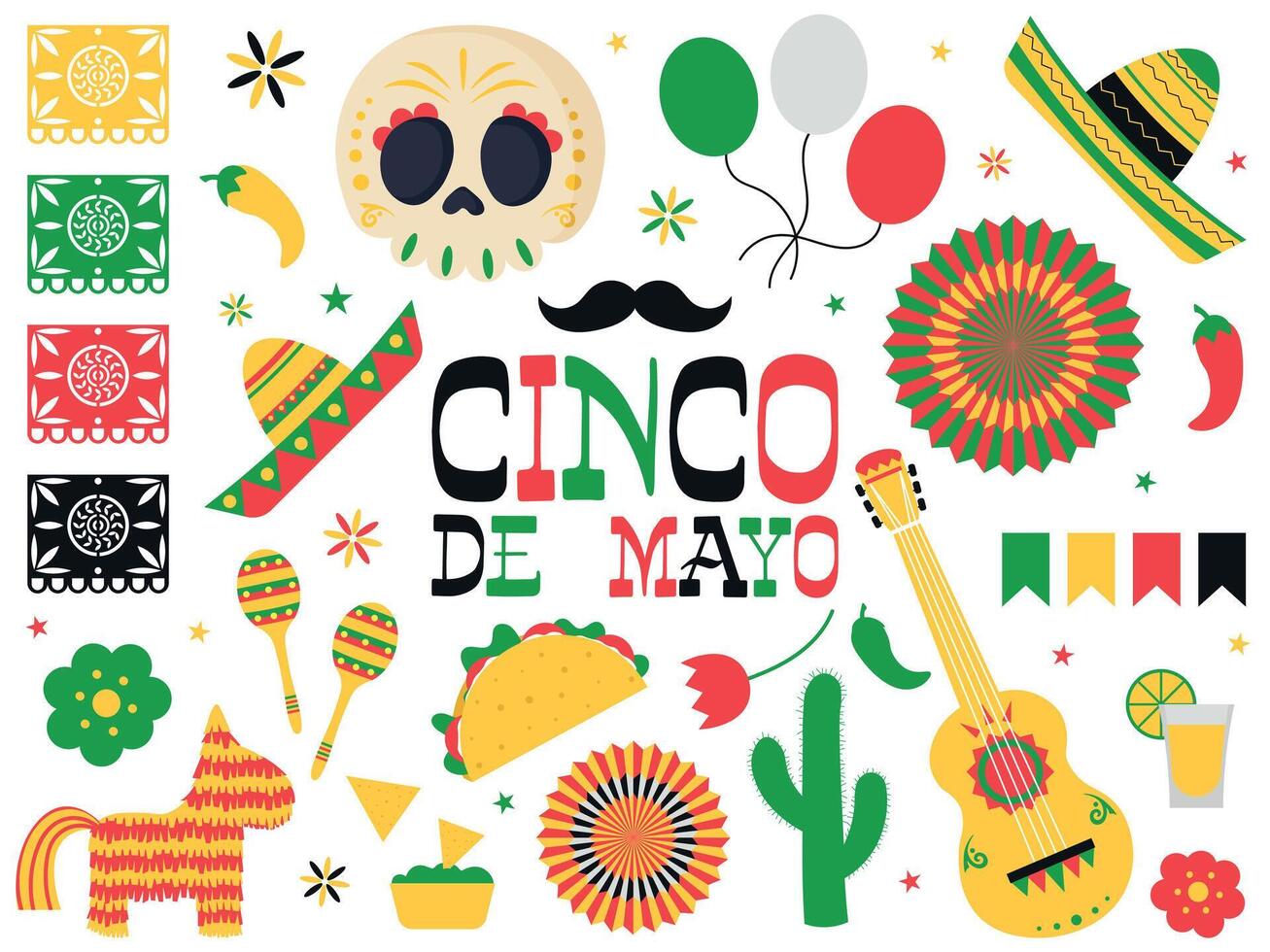 cinco de mayo celebrazione nel Messico, icone impostare, design elemento, piatto stile, collezione oggetti per cinco de mayo parata con pinata, cibo, sambrerò, Tequila cactus, bandiera, cranio eccetera vettore illustrazione