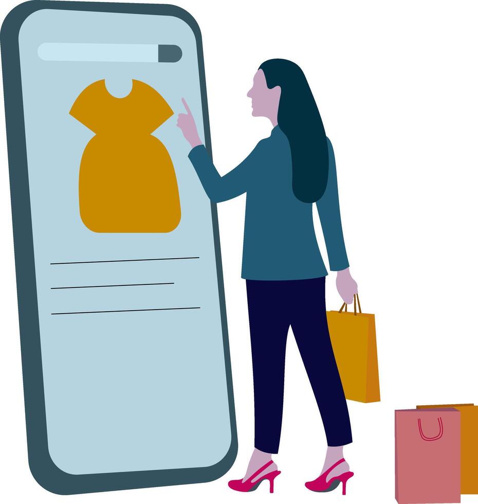 contento giovane alla moda donna trasporto shopping borse e ordinazione nel mobile inteligente Telefono concetto illustrazione, e commercio, Acquista, acquisti, in linea negozio, sconto, Prodotto revisione. vettore