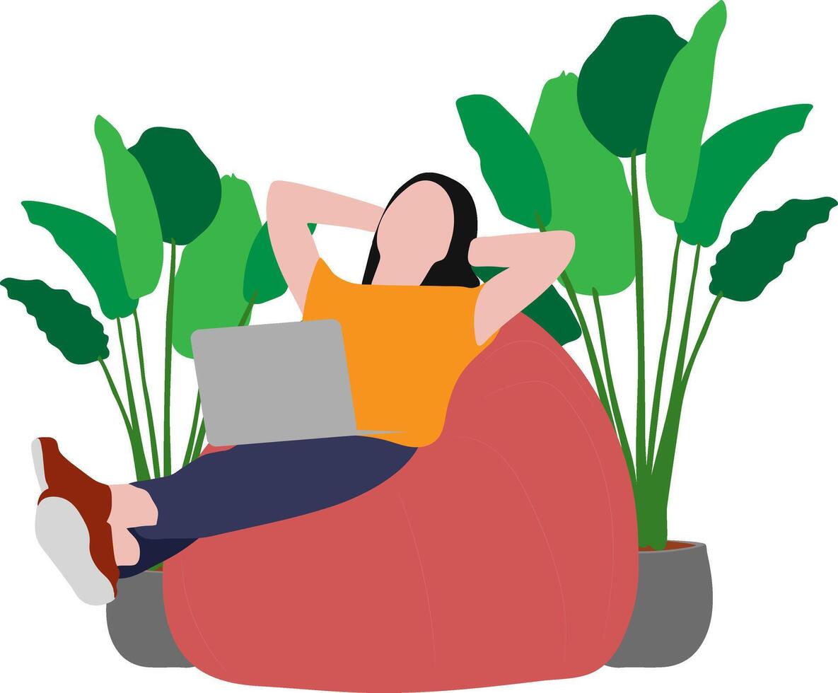 donna è seduta su un' sedia a casa con un' il computer portatile computer, a distanza opera, ufficio a casa, programmazione, libero professionista, studia a casa, piatto vettore illustrazione