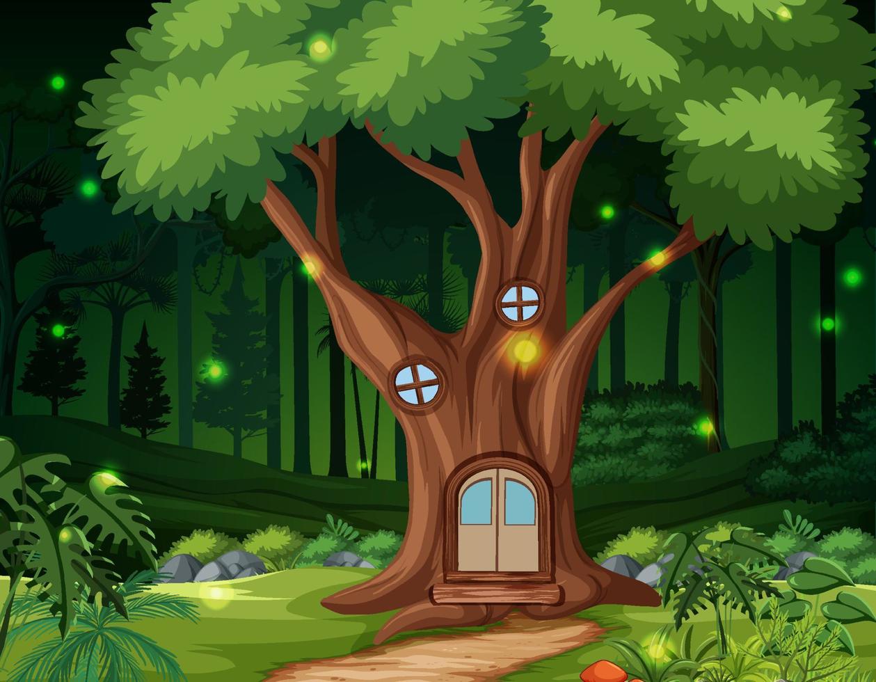 sfondo foresta incantata con casa sull'albero vettore