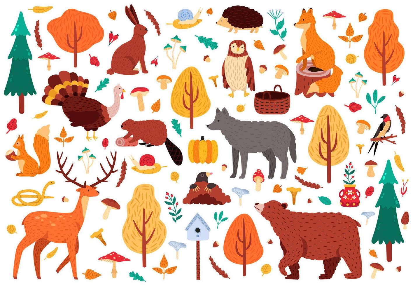 autunno carino animali. selvaggio mano disegnato orso procione Volpe e cervo personaggi, bosco uccelli e animali isolato vettore illustrazione icone impostato