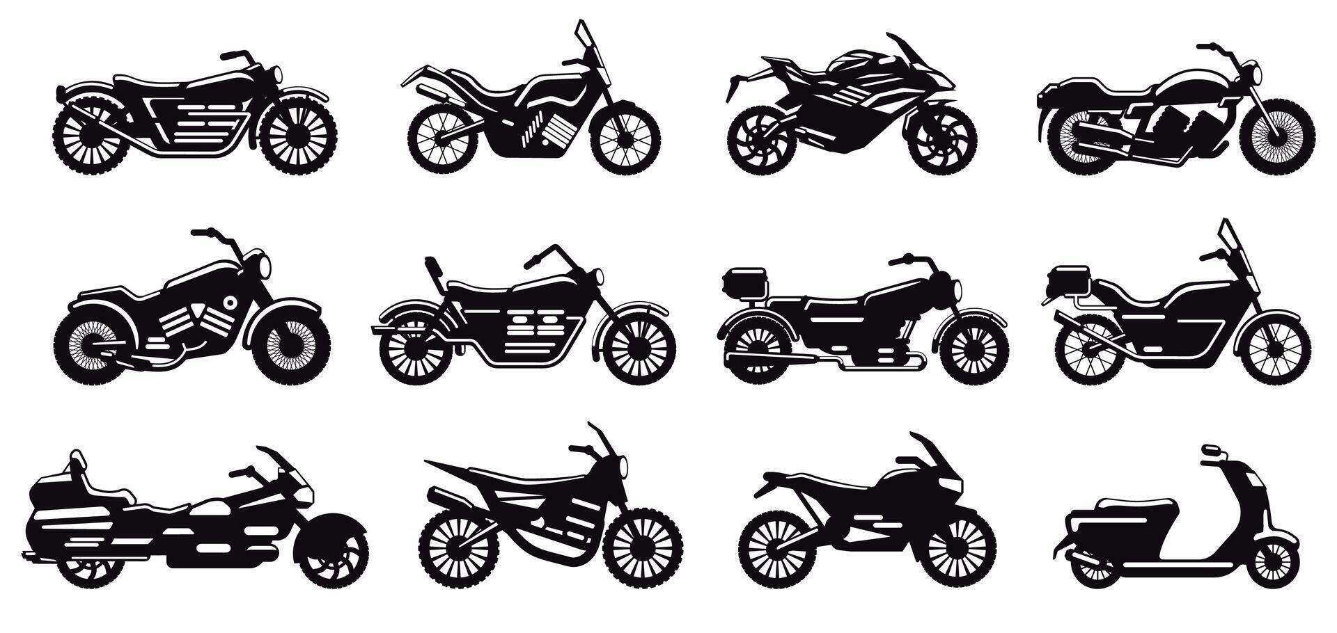 motociclo veicolo silhouette. moderno velocità gara bicicletta, scooter e mannaia lato Visualizza, motociclo corpo silhouette vettore illustrazione icone impostato