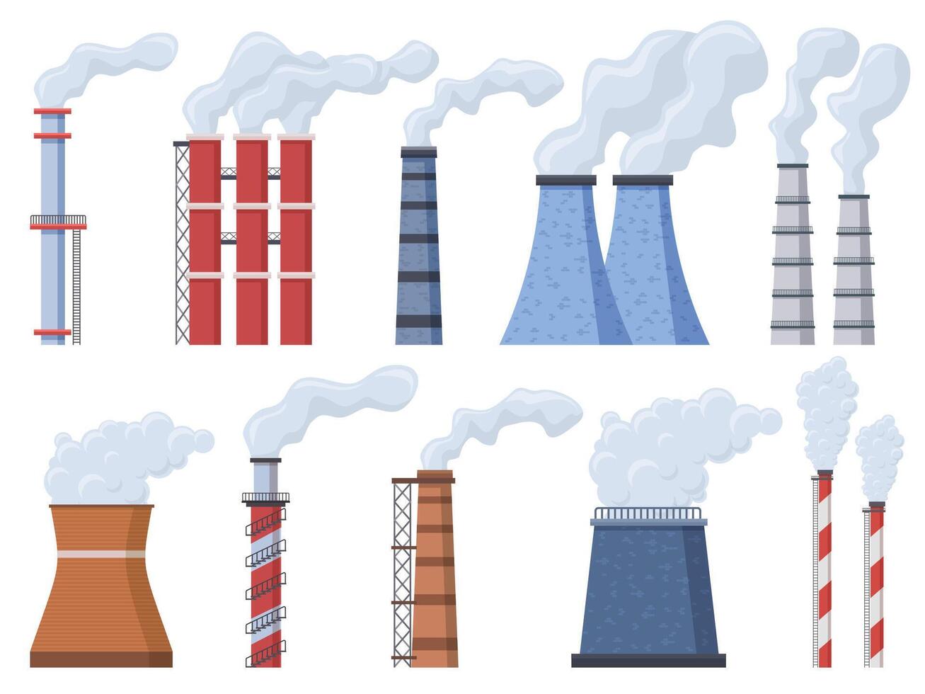 industriale camino. produzione industriale camino, tossico aria camino tubi, fabbrica camino Fumo inquinamento vettore illustrazione icone impostato