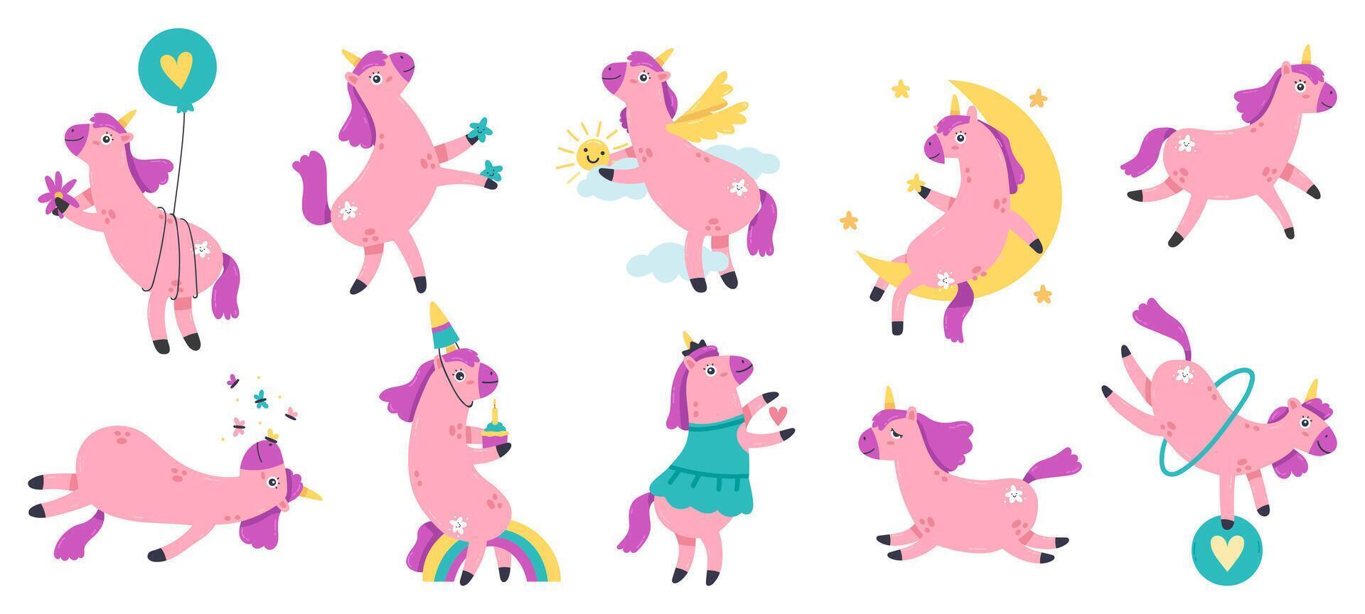 carino unicorni. divertente mano disegnato arcobaleno unicorni, Magia fiaba unicorno mascotte. rosa poco bambino unicorni vettore illustrazioni