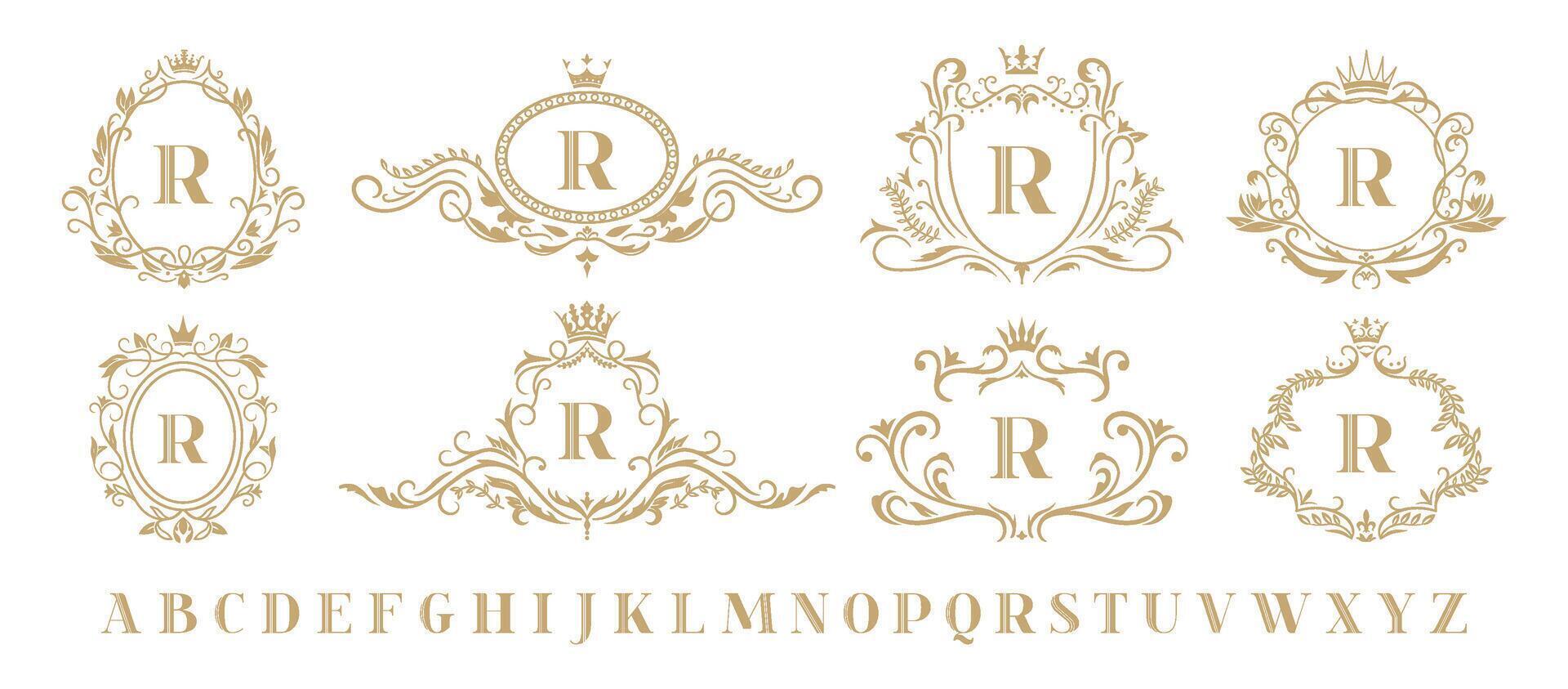 lusso monogramma. Vintage ▾ ornamentale decorativo monogrammi, retrò lusso d'oro ghirlanda emblema e barocco araldico nozze telaio isolato vettore icone impostato