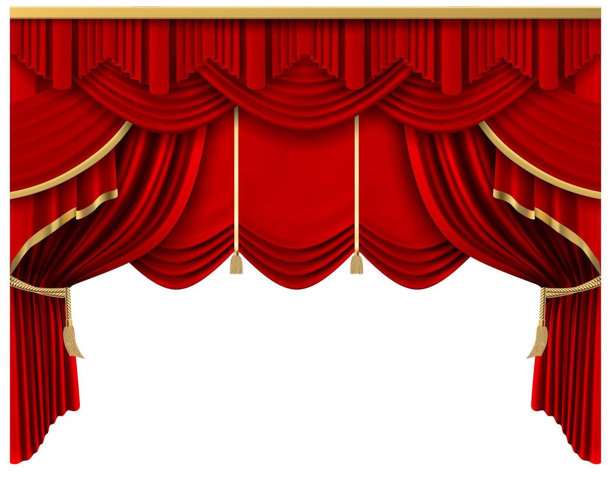 retrò rosso palcoscenico tenda. realistico lusso seta tende, Teatro scena interno drappeggio decorazione, portiere tendaggio isolato vettore illustrazione