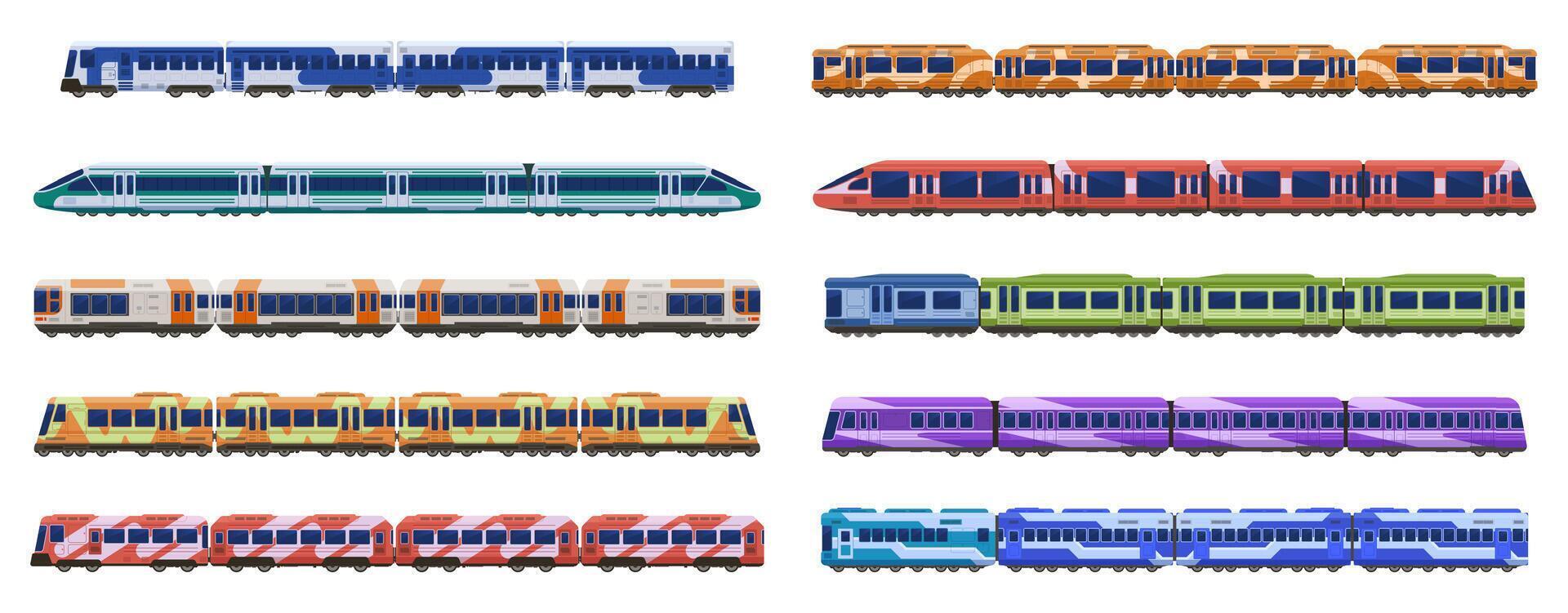 treno carrozza. passeggeri Ferrovia treni, moderno metropolitana alto velocità treni, urbano mezzi di trasporto isolato vettore illustrazione icone impostato