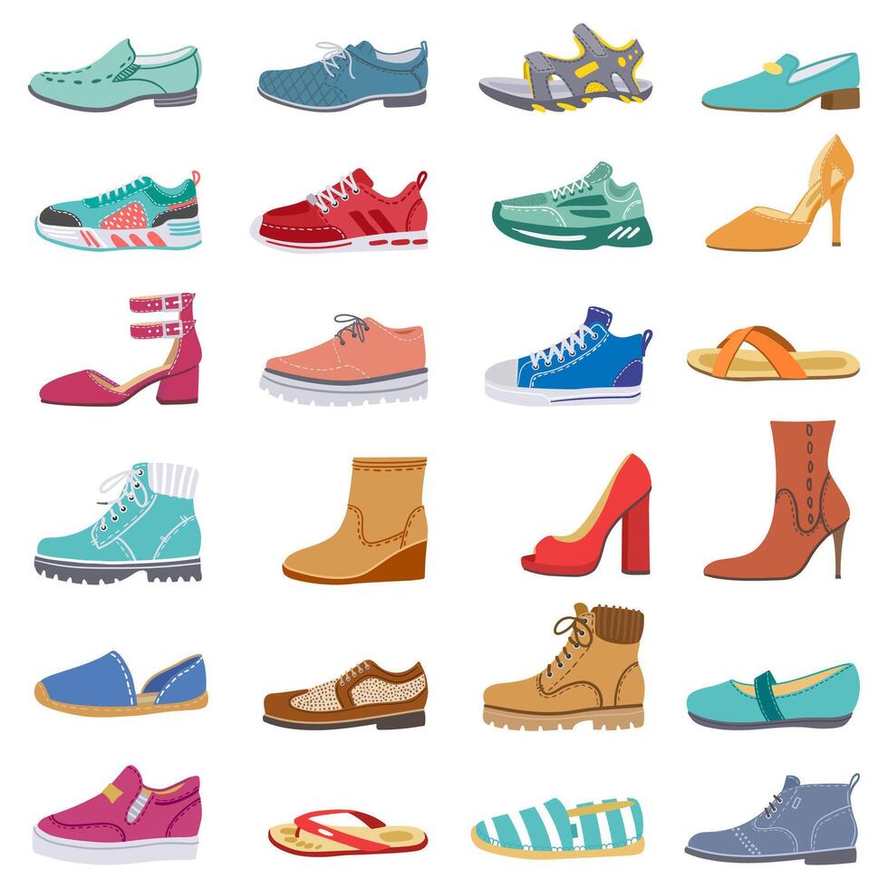 calzature collezione. maschio e femmina scarpe, scarpe da ginnastica, piatto e stivali, di moda inverno, primavera scarpe, elegante calzature vettore illustrazione icone impostato