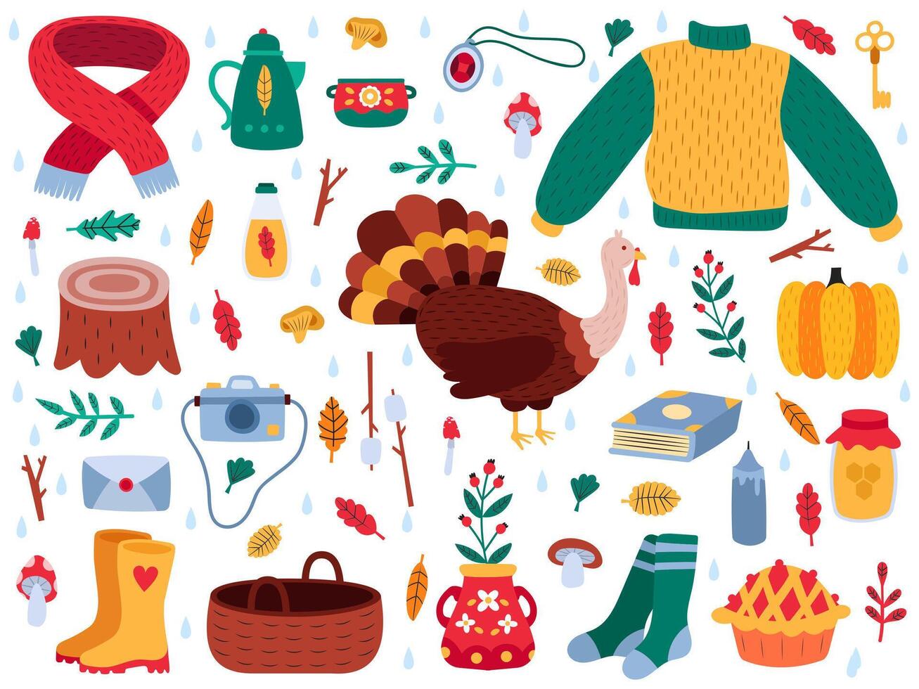 autunno elementi. autunno cartone animato hygge accogliente maglione, stivali, autunno foglie, funghi, zucca e tacchino isolato vettore illustrazione impostato