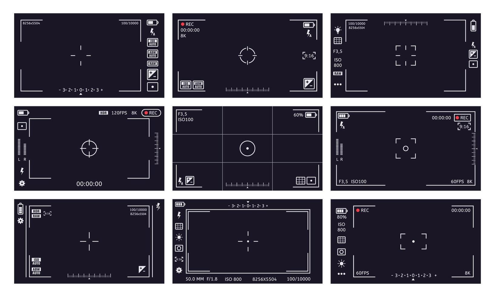 videocamera mirino interfaccia. telecamera mirino, digitale Schermo video qualità, rec volta, batteria. Camera mirino schermo vettore illustrazioni