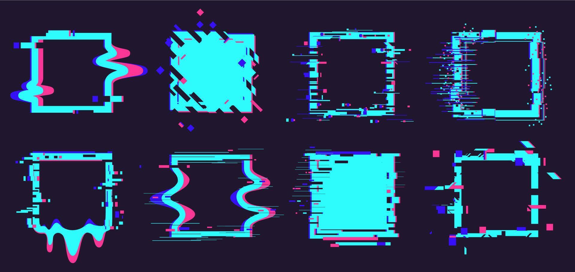 problema tecnico rotto cornici. distorsione dinamico piazza elementi, rumore difetto geometria figure isolato vettore illustrazione simboli impostato