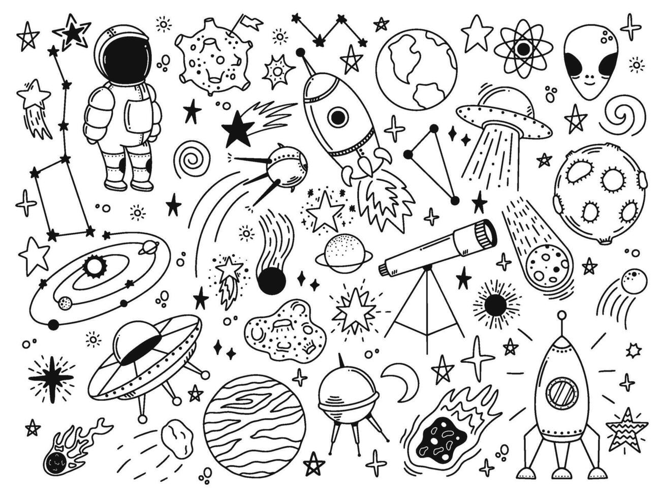 mano disegnato spazio. scarabocchio spazio pianeti, astrologia cosmico scarabocchi, telescopio, cosmico razzo, veicoli spaziali. universo scarabocchio vettore illustrazione impostato