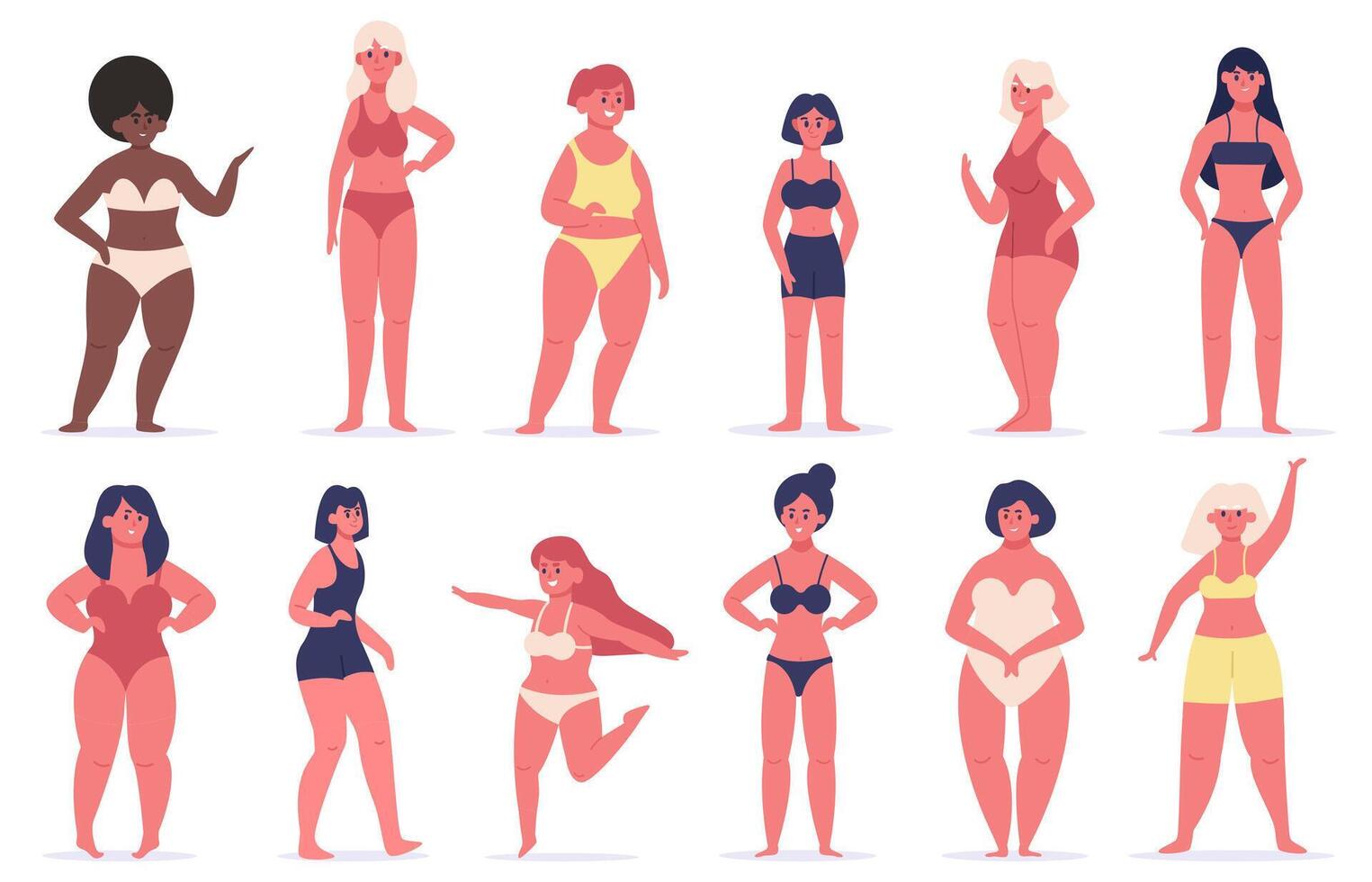 corpo positivo ragazze. multirazziale donne gruppo di diverso figura genere, dimensione e altezza. bellezza diversità vettore illustrazione impostato