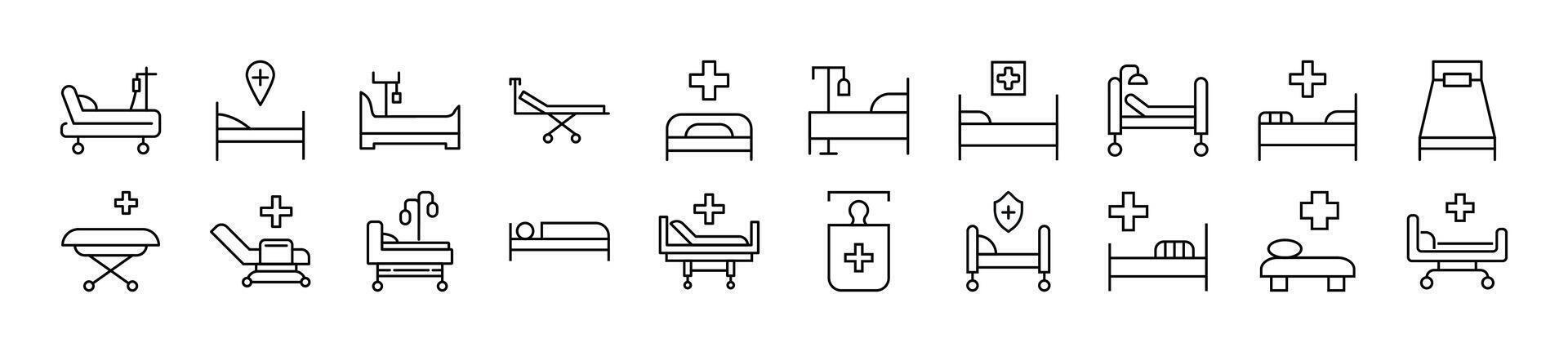 impostato di linea icone di ospedale letto. modificabile ictus. semplice schema cartello per ragnatela siti, giornali, articoli libro vettore