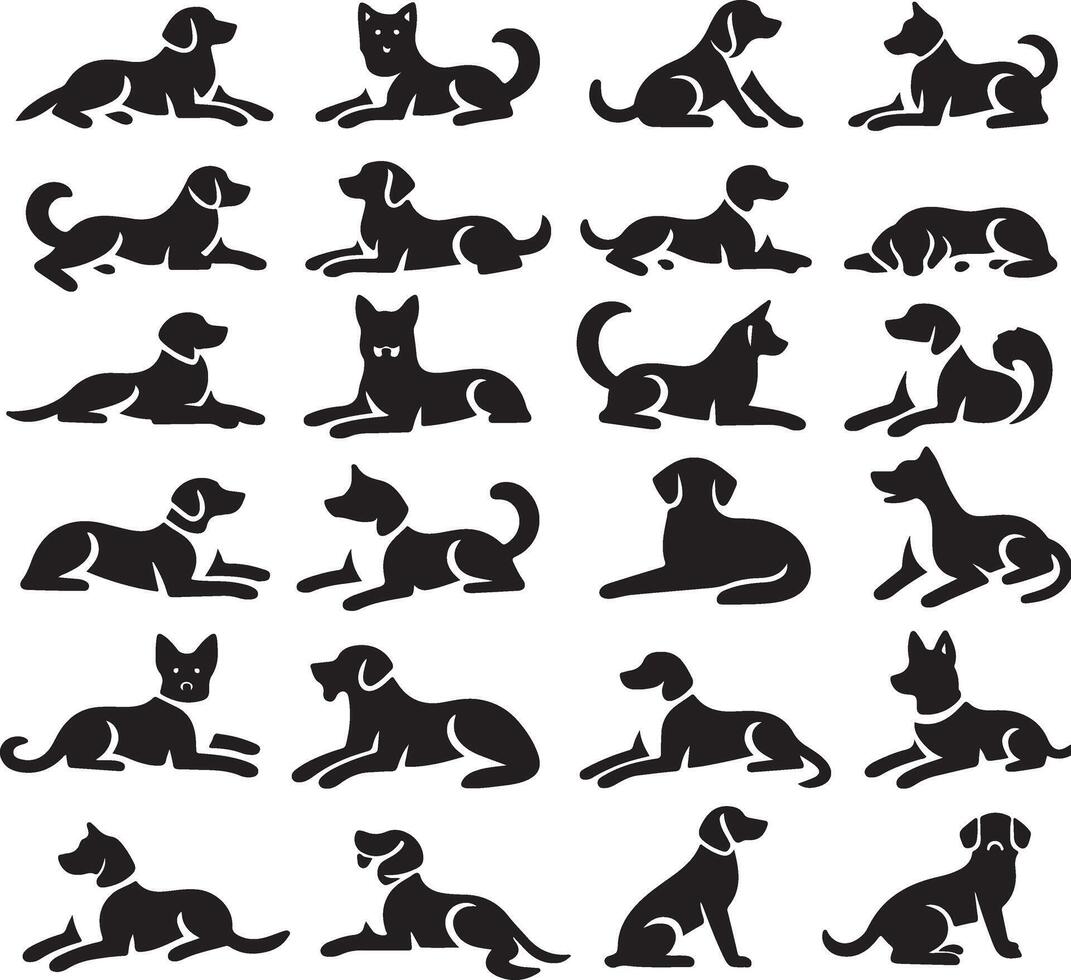 minimo impostato di un' cane posare giù diverso posa vettore icona nel piatto stile nero colore silhouette, separato ogni elemento, bianca sfondo 8
