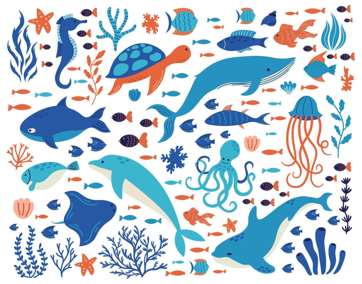 scarabocchio subacqueo animali. oceano creature, mano disegnato marino vita, delfino, balena, tartaruga, polpo, coralli, mare impianti vettore illustrazione impostato