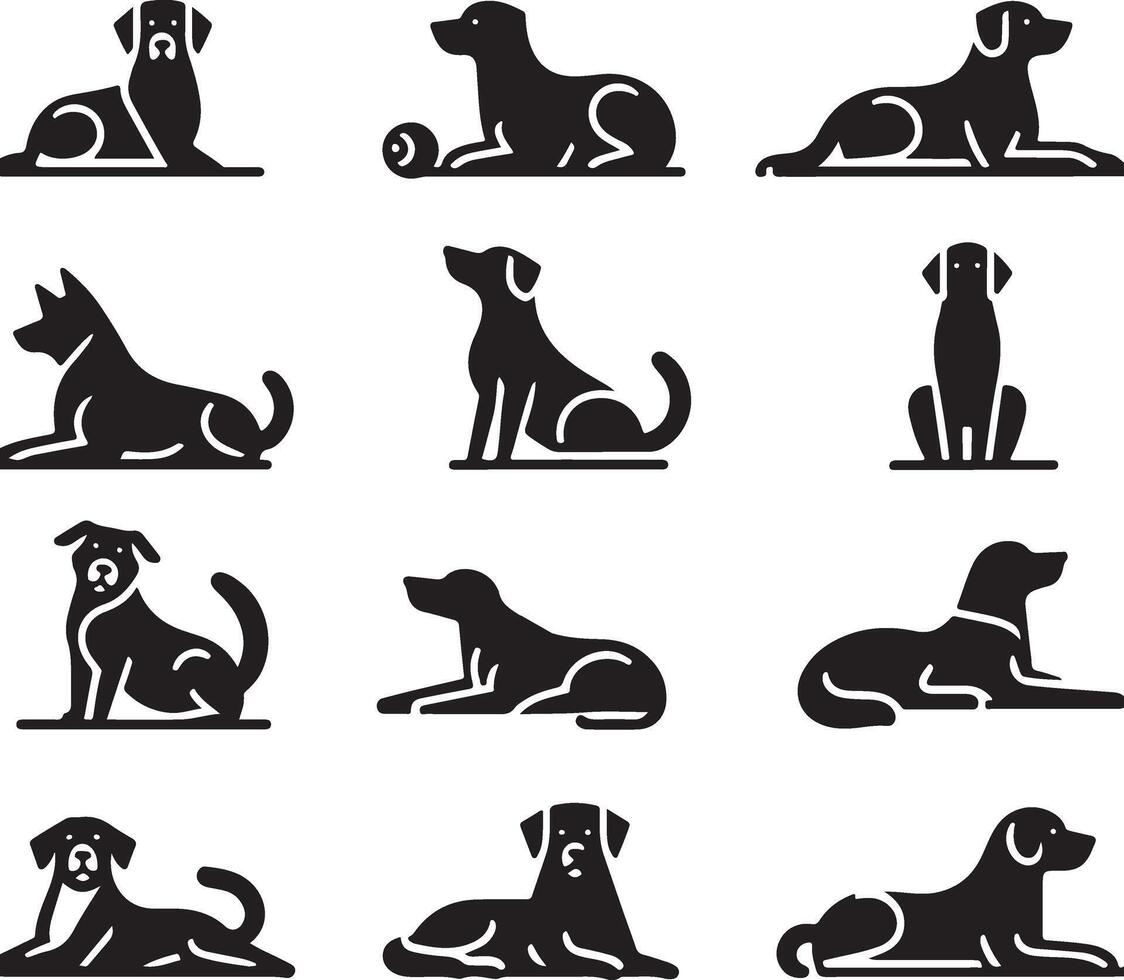 minimo impostato di un' cane posare giù diverso posa vettore icona nel piatto stile nero colore silhouette, separato ogni elemento, bianca sfondo