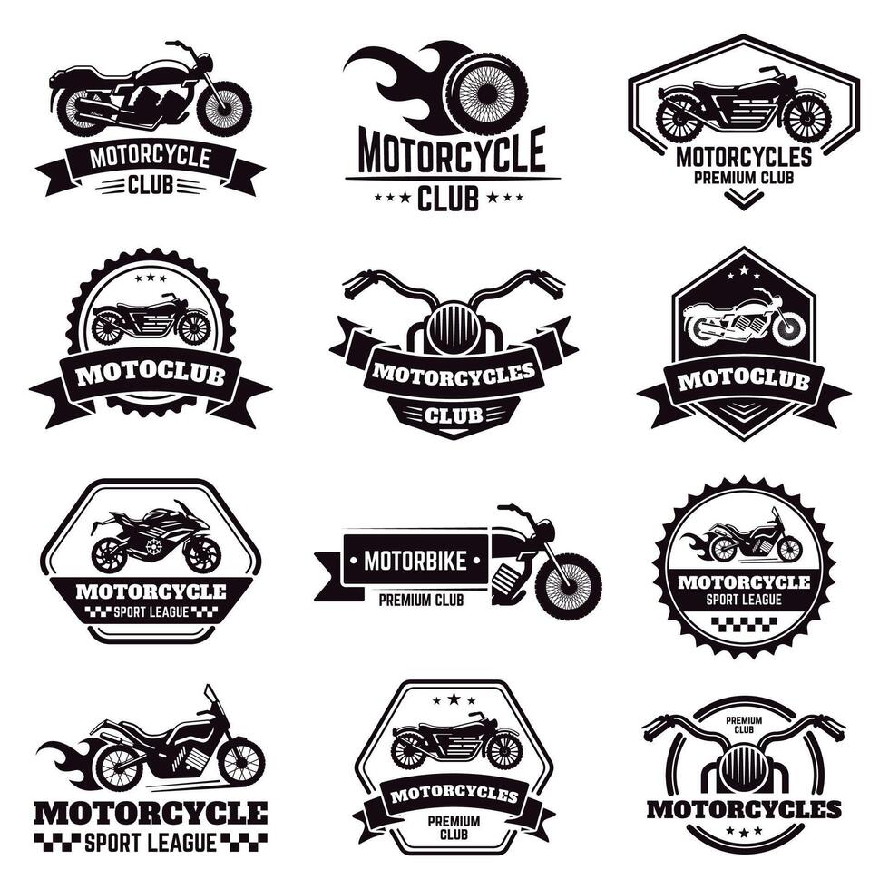 retrò motociclo emblemi. motociclista club motociclo distintivi, bicicletta francobollo, motocicletta ruota Ali emblema, motociclo etichette vettore illustrazione icone impostato