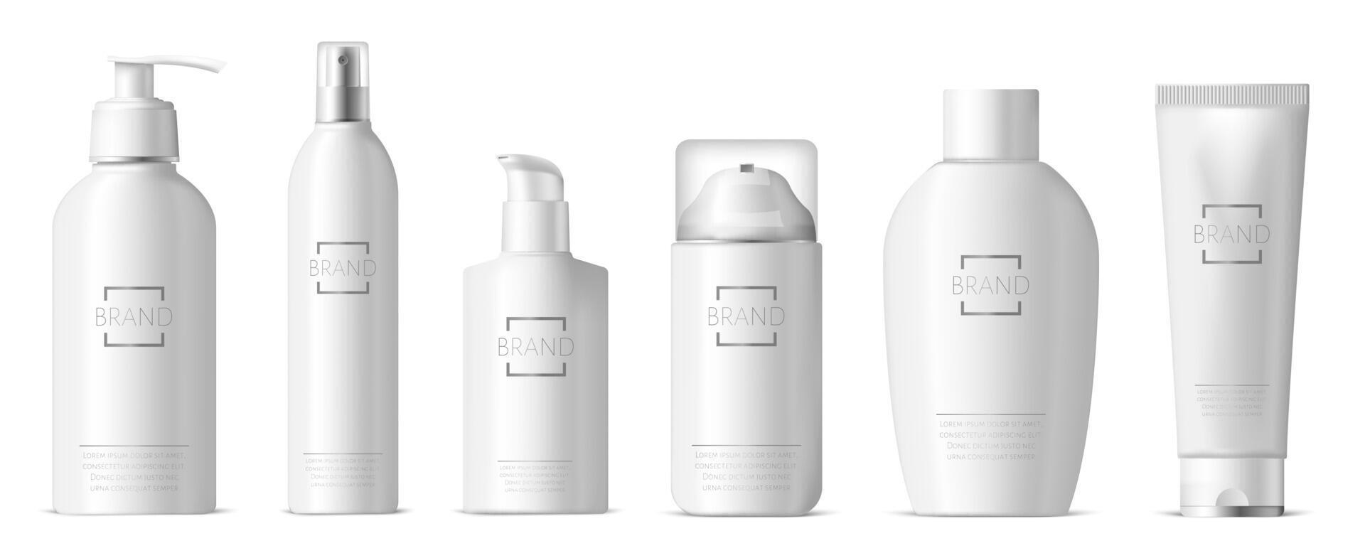 realistico plastica cura della pelle pacchetto. cosmetico 3d plastica bottiglia, distributore pompa e spray, shampoo, lozione, sapone pacchetto vettore illustrazione impostato